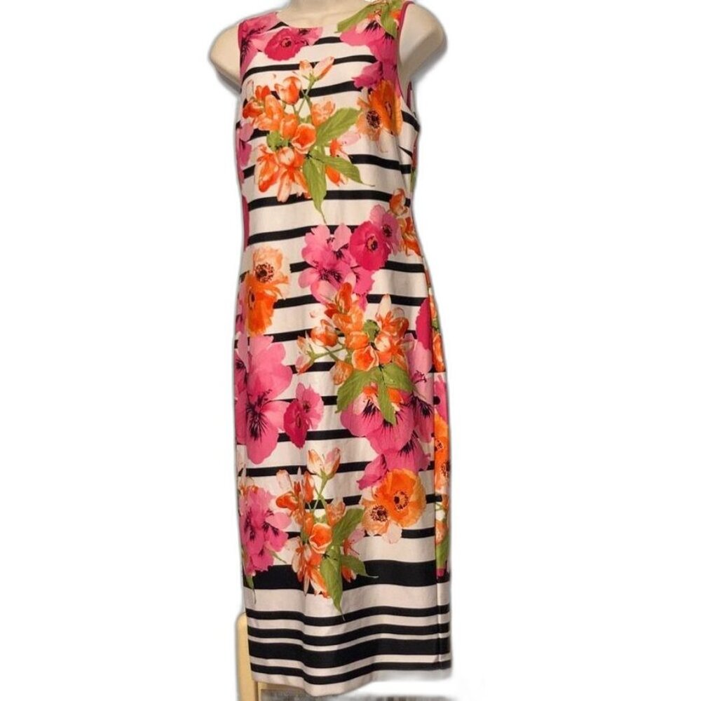 VINCE CAMUTO Floral Striped Sleeveless Dress Black White Colorful Womens Size 8